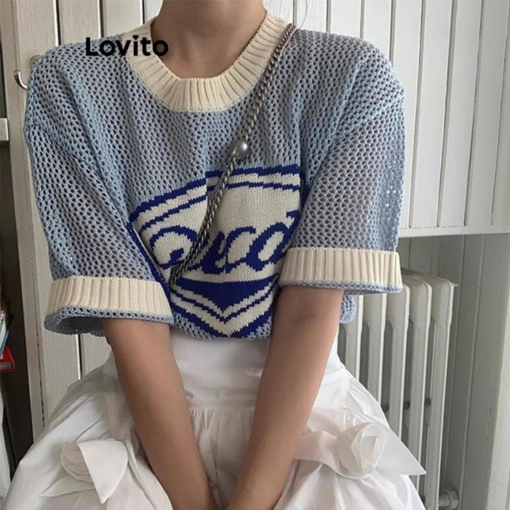 Lovito เสื้อถักผู้หญิง มีลาย สีพื้น สไตล์ลำลอง LNA65137