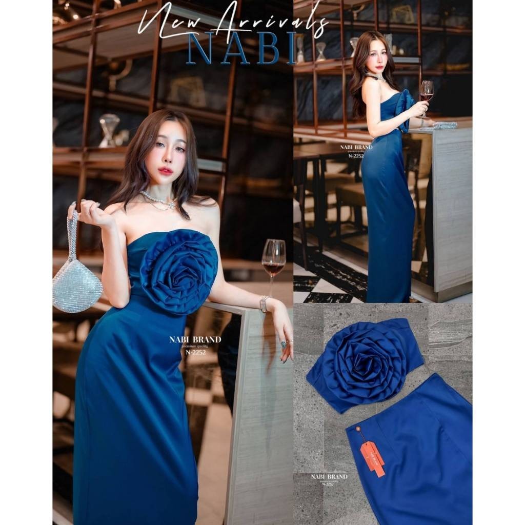 Cr. (xs-xl) (พร้อมส่ง) Nabi&Mabel26 ชุดเซ็ตเสื้อเกาะอกดอกใม้ กระโปรงยาว ทรงเข้ารูป Cr.shop