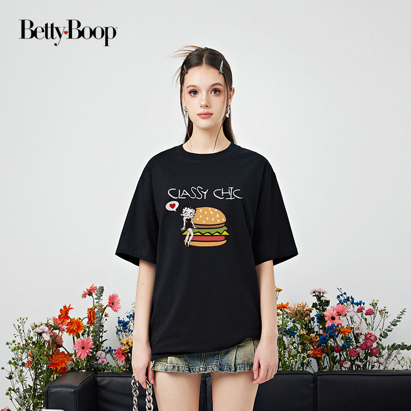 Betty BOOP BETTY Burger พิมพ์เสื้อยืดแขนสั้น Casual All-Match หลวมผ้าฝ้ายแท้