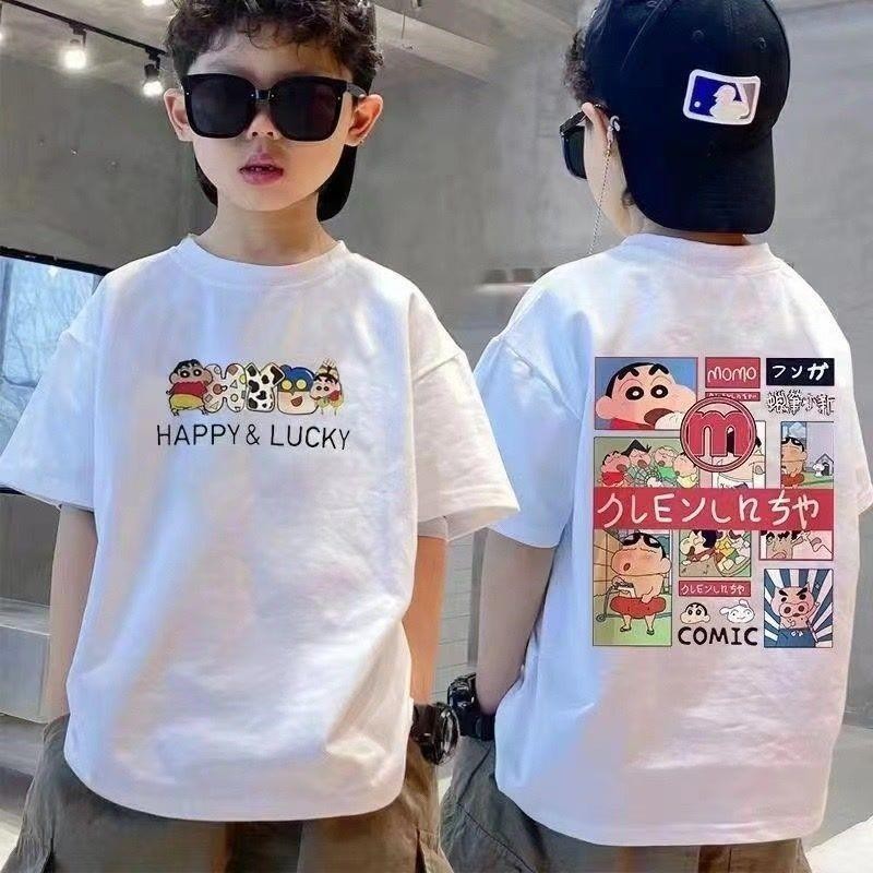 เสื้อยืดแขนสั้นเด็กชายฤดูร้อนเวอร์ชั่นเกาหลีหลวมการ์ตูนพิมพ์กลางเด็กใหญ่ด้านบน 90-150ซม. อายุ 3-12 ปี เสื้อยืดเด็ก ผ้าฝ