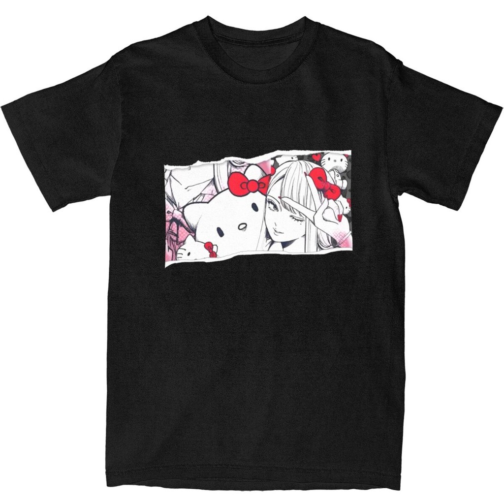 Junji Ito X Hello Kitty T เสื้อคู่ Vintage Cotton เสื้อยืดฤดูร้อน Crewneck Tee เสื้อ S-5XL ท็อปส์