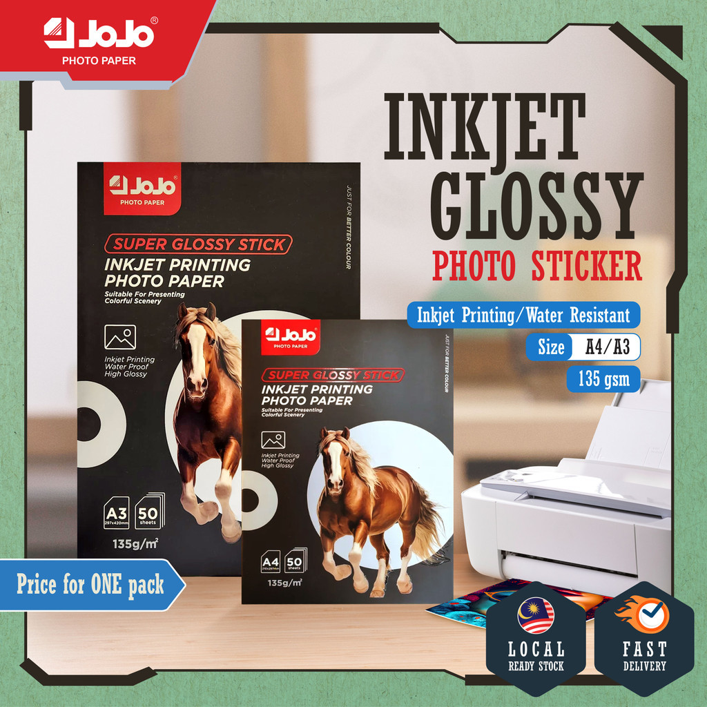 [ 50S GLOSSY INKJET STIKER 135GSM ] A4/A3 JOJO WATER RESISTANT INKJET PRINTABLE SUPER GLOSSY SELF AD