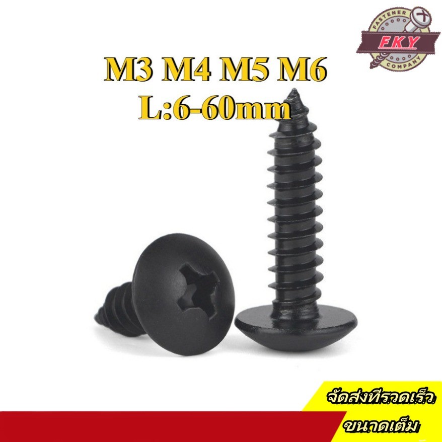 น็อต สกรู หัวร่ม หัวกระทะ แฉก T+ สแตนเลส 304 สีดํา เกลียวปล่อย / Truss an Head Phillip Tapping Screw M3/M4/M5/M6 * L6-60 มม. (FKY-RM-TH-1)