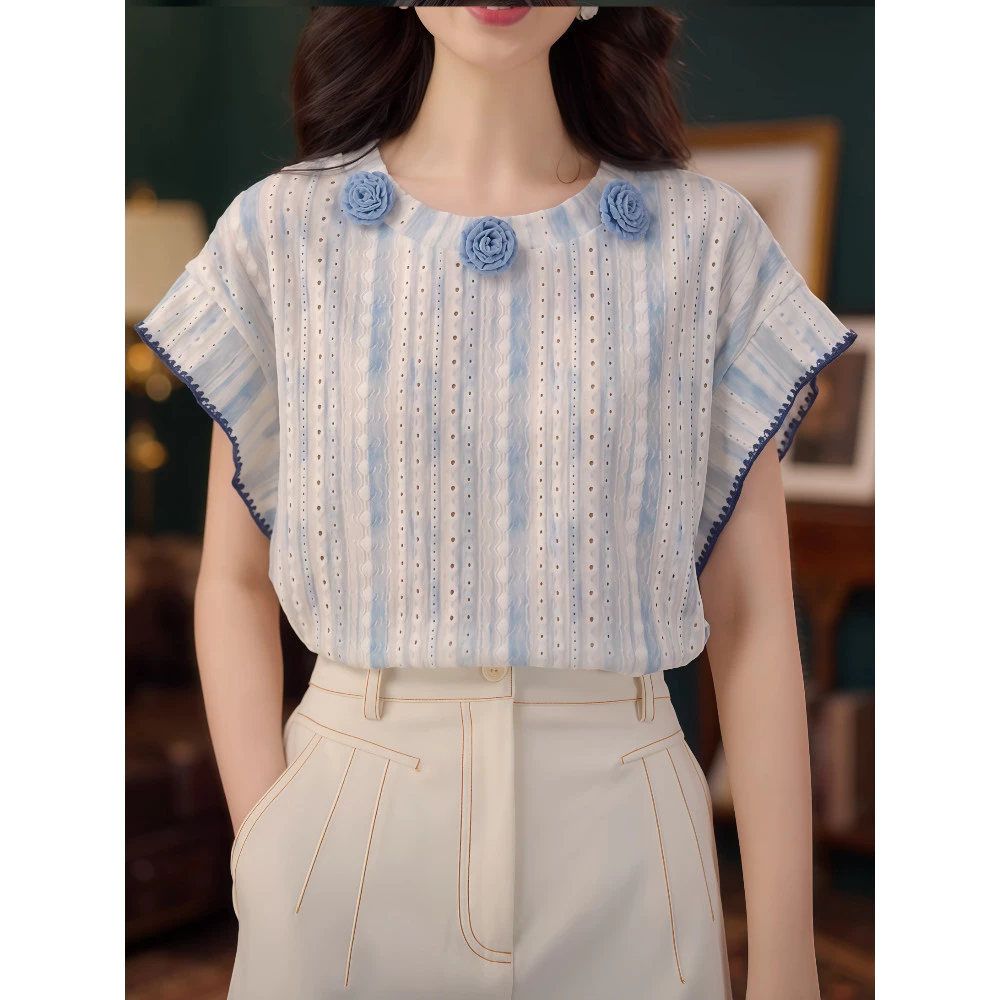 เสื้อแขนสั้นลายดอกไม้ สไตล์เกาหลี สำหรับสุภาพสตรี ไซส์ S-XL thumbnail 6