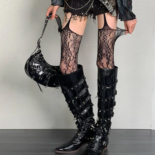 Lolita สาวหวาน Punk สไตล์ดอกไม้ Tights สีสัน สูงต้นขา Sheer FishnetSuspender กางเกงในเข็มขัด
