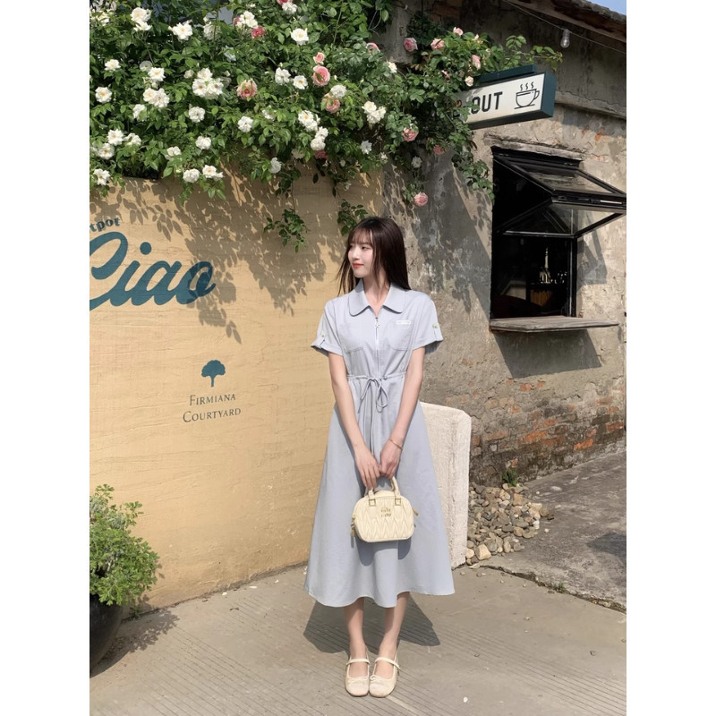 🚗พร้อมส่ง🌿 S-XXL เดรสเชิ้ตยาวมินิมอล คอปกซิปหน้า ปรับเอวได้ มีกระเป๋าอก สไตล์ Outdoor Chic ลุย