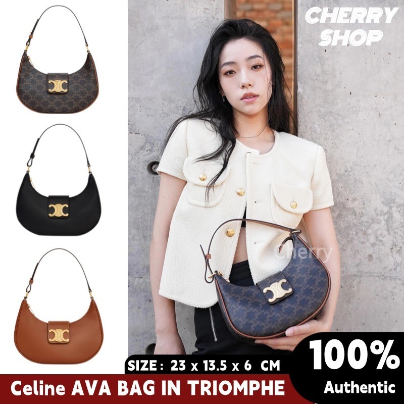 🍒🍒ของแท้ 100% Celine AVA TRIOMPHE โลโก้พิมพ์หนังลูกวัวกระเป๋าถือผู้หญิงใต้วงแขนกระเป๋า🍒🍒