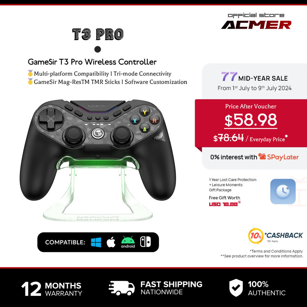 ACMER GameSir คอนโทรลเลอร์ไร้สาย T3 Pro สำหรับ Switch/PC/iOS/Android รองรับการเชื่อมต่อ Bluetooth/2.4G/แบบมีสาย พร้อมปุ่มปรับแต่งได้ 9 ปุ่ม, ไจโรสโคป 6 แกน, ทริกเกอร์แบบ Hall Effect และฟังก์ชัน NFC