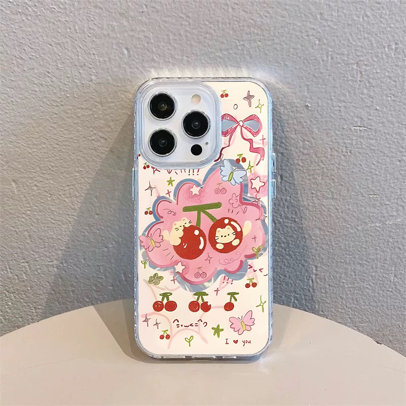 เต็มหน้าจอ ลูกแมวเชอร์รี่สีชมพู🔥กันได้เคสไอโฟน🔥16 11 13 15 12 14Pro Max XR 16 8 7Plus X XS Max SE หวานรักหัวใจเงาลูกฟู