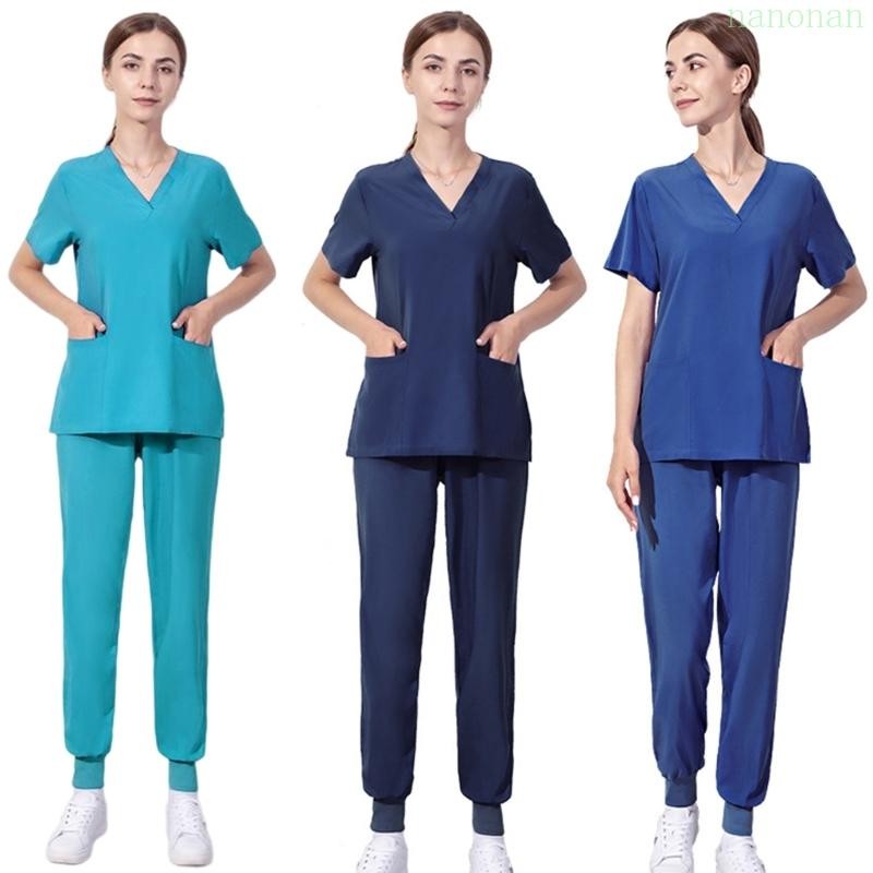 Nan Women Nurse Eesthetician Workwear-Stretch Top Medical Nursing Uniform Scrub Set