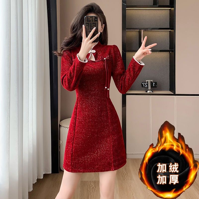 สไตล์จีนปรับปรุง cheongsam กระโปรงผู้หญิง retro nationa 中式กระโปรงหญิง复古国风气质拼图显瘦สีแดง连衣裙9.16