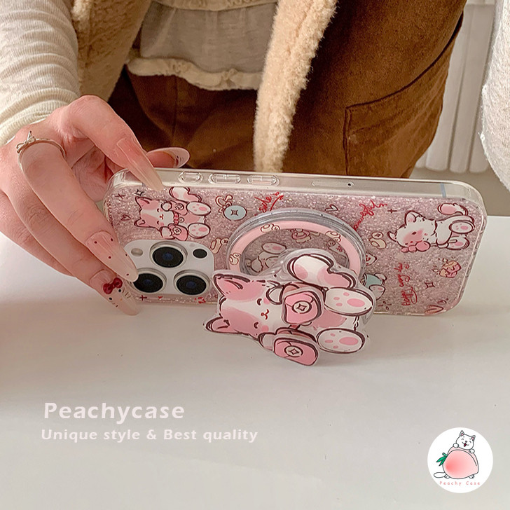 น่ารักหมุนได้สีแดง Rnvelope Cat Holder Stand Glitter เคสโทรศัพท์สําหรับ iPhone 16 15 14 13 Pro Max 16promax IMD กันกระแทกไร้สายชาร์จปกหลัง Shell