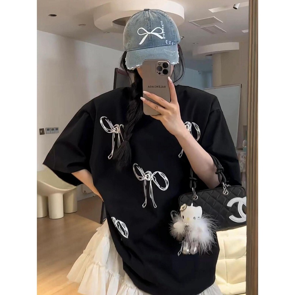 Papaya เสื้อยืด Oversize ลายโบว์สุดชิคสำหรับผู้หญิง ผ้าฝ้าย 100% ใส่สบาย WS1125 Clothing Women