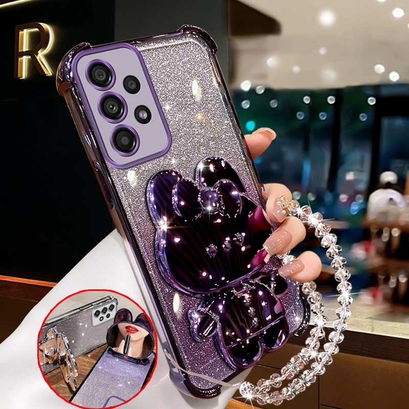 เคสสําหรับsamsung a52 samsung a52s 5Gประกายสีชมพูเคสโทรศัพท์กันกระแทกกระต่ายกระจกแต่งหน้าพร้อมที่วางซิลิโคนTPU Soft case XXXDA