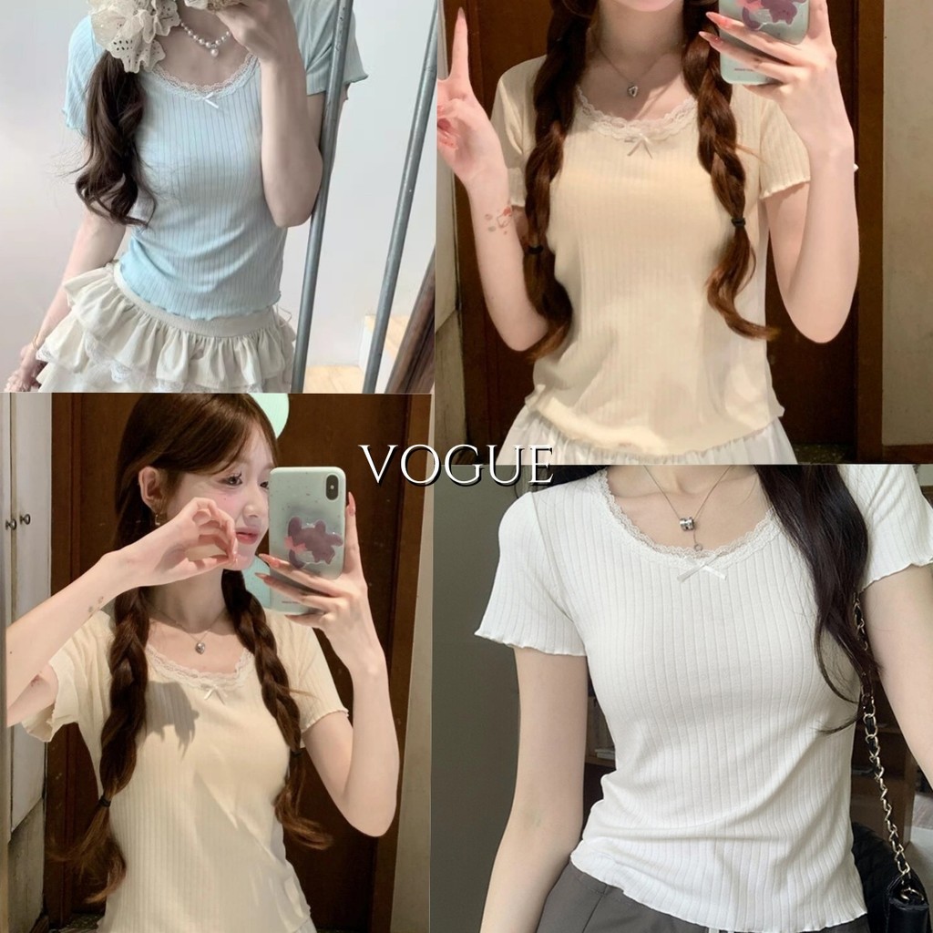 Vogue พร้อมส่ง เสื้อคอกลมแขนสั้น เสื้อเชิ้ตแขนสั้นแต่งลูกไม้ โค้งคำนับที่หน้าอก (T816)
