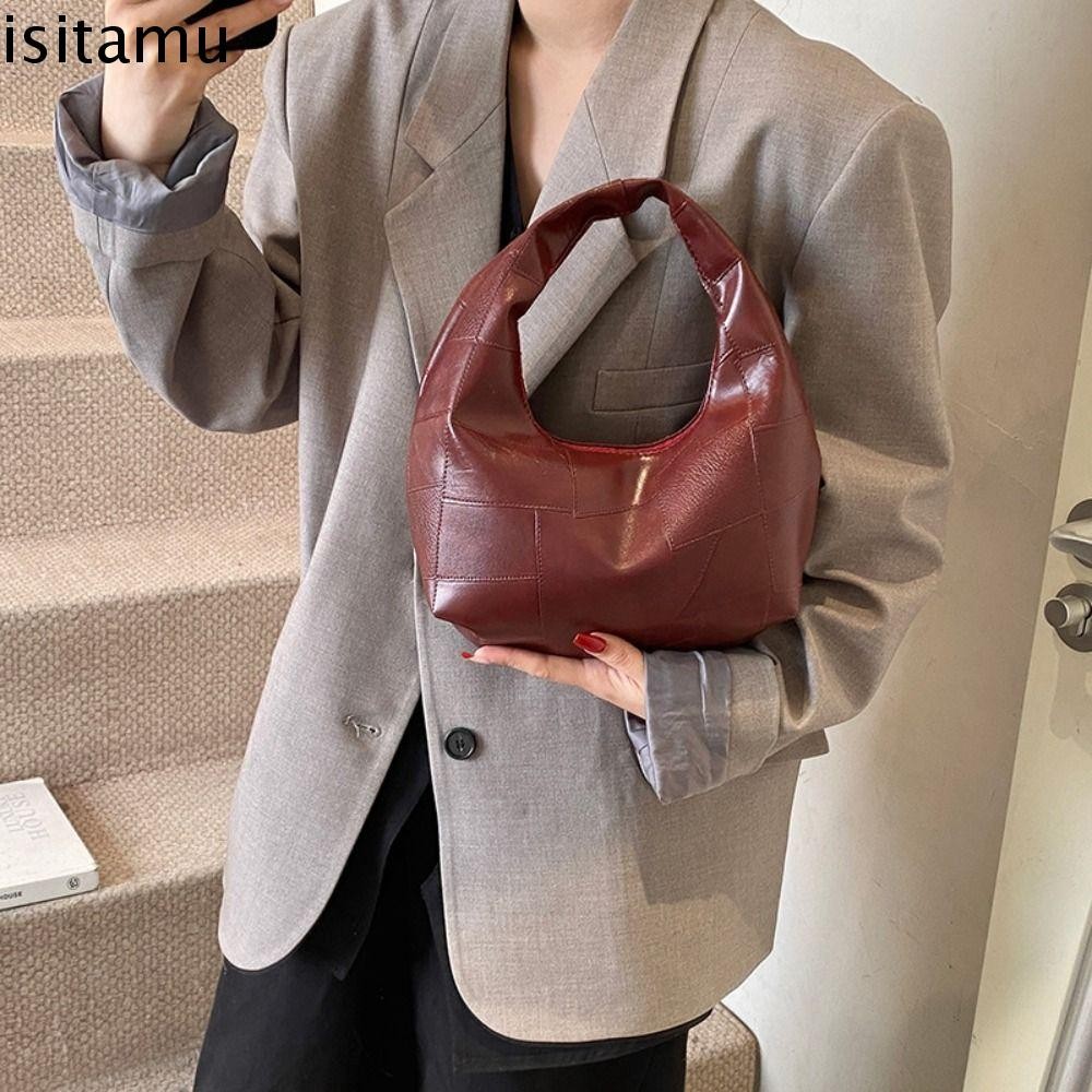Isitaft กระเป๋าสานหนัง Pu สีแดงแฟชั่นสีดําเรียบง่ายใต้วงแขน Make Up Bag