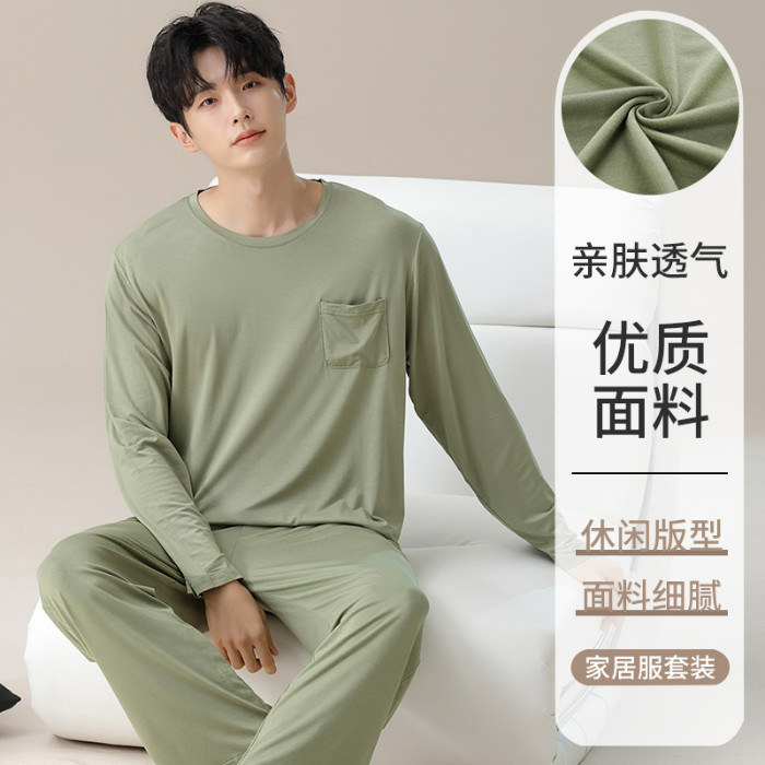 ชุดนอนผู้ชาย Modal ชุดนอนฤดูใบไม้ผลิฤดูใบไม้ร่วงแขนยาวชุดนอน Man ผ้าฝ้ายสีทึบสไตล์เรียบง่าย Loungewear - รูปที่ 5