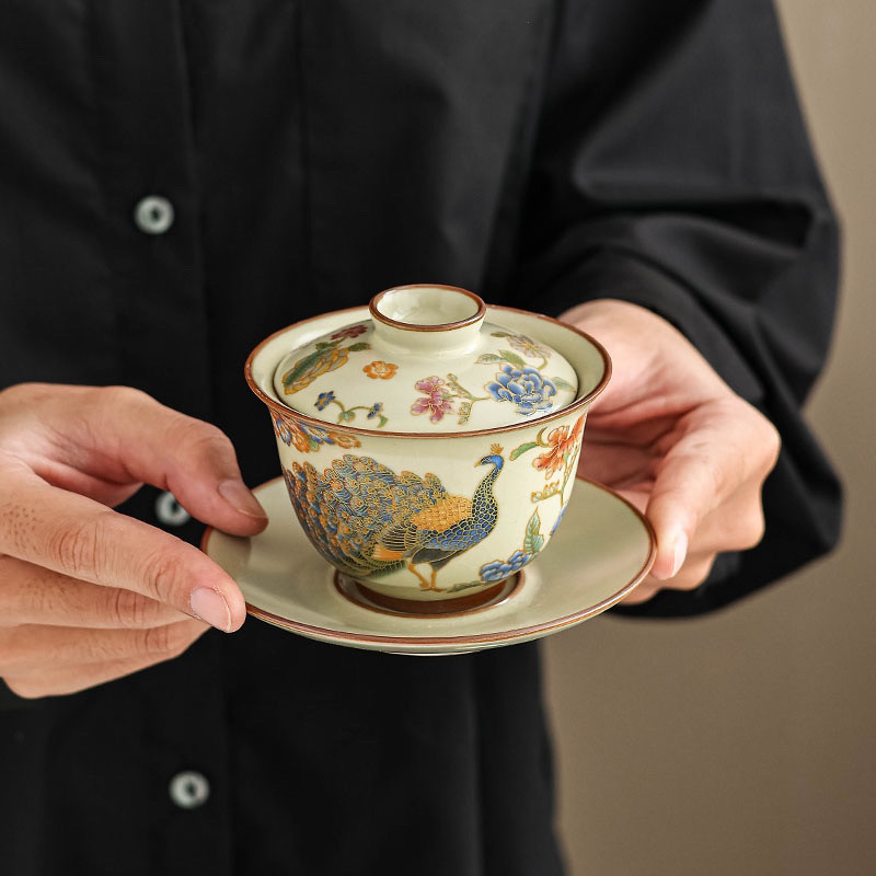 เตาเผานกยูง Retro เซรามิค Kung Fu ชุดชา Sancai Gaiwan ถ้วยชาในครัวเรือนจีน Suspension Master ถ้วย