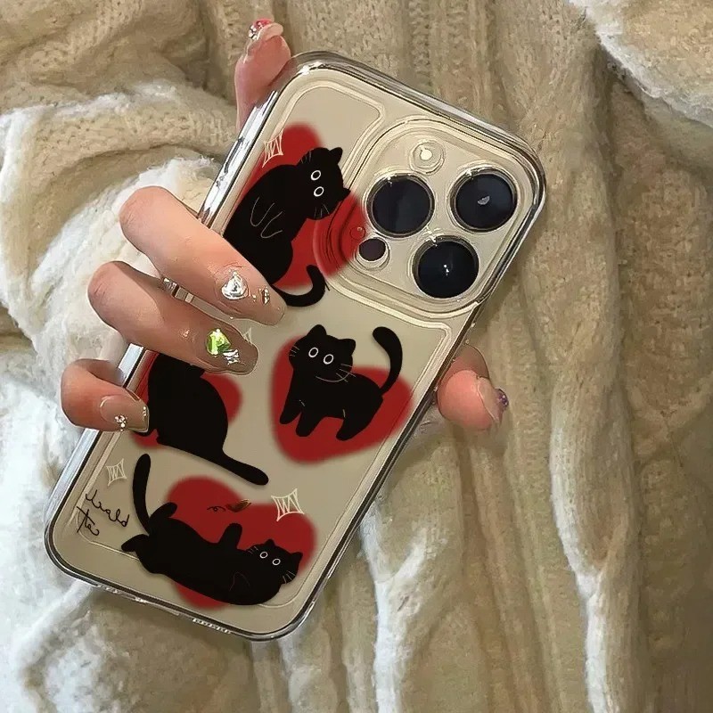 เคสโทรศัพท์สําหรับsamsung S25 Plus Ultra S23 FE S24 FE Samsung S24 S23 S22 Plus Ultra S21 S20 FEน่ารักLove-Heart Black Cat Cover