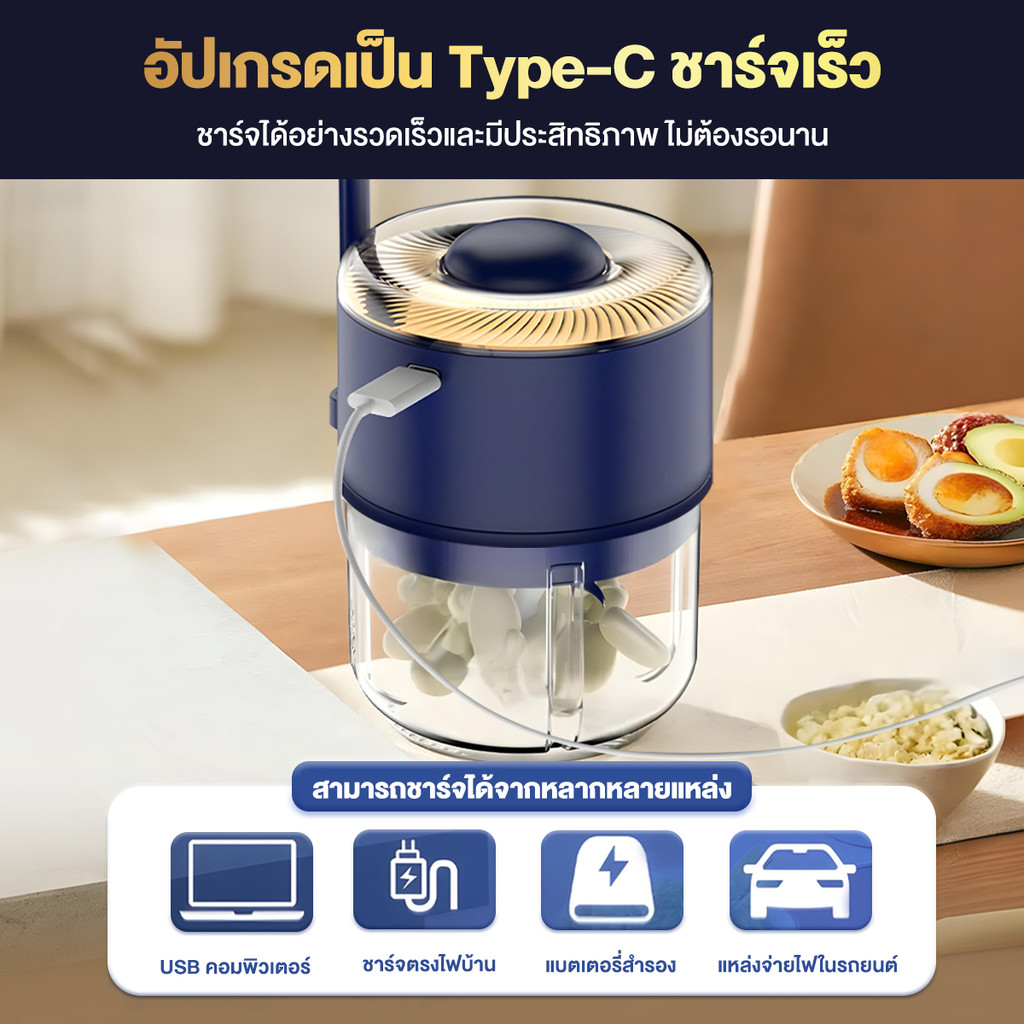 （ส่งช้อน）เครื่องปั่นกระเทียม มินิ เครื่องบดเนื้อ เครื่องปั่นกระเทียมพริก กดเพื่อปั่น ใบมีด 6 แฉก พร้อมฉากกั้น ถอดออกได้ - รูปที่ 5