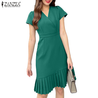 ZANZEA ชุดเดรสคอวีแขนสั้นสำหรับผู้หญิง ดีไซน์เกาหลี จีบเอว