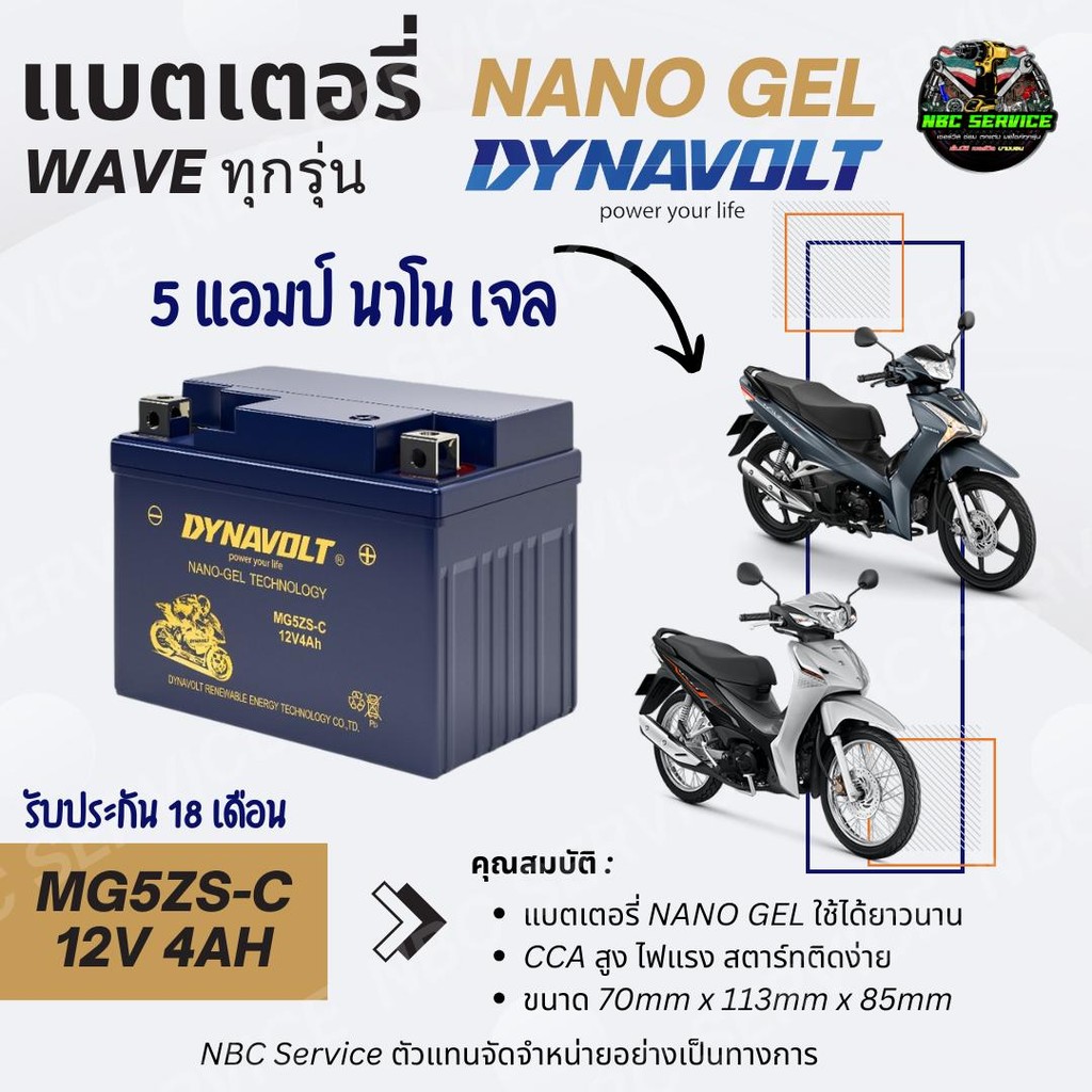 DYNAVOLT แบตเตอรี่ NANO GEL รุ่น MG5ZS-C 12V 4Ah ใส่ Wave ทุกรุ่น รับประกัน 18 เดือน CCA สูงสตาร์ทติดง่าย ใช้ได้ยาวนาน