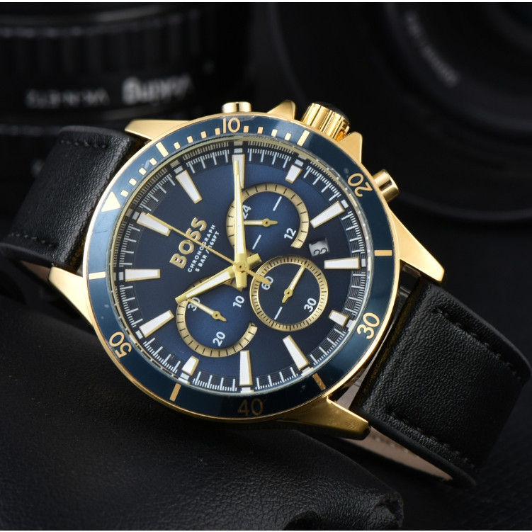 Boss Fashion Three-Eye Chronograph Quartz Movement สายหนังแท้มัลติฟังก์ชั่นนาฬิกาผู้ชาย