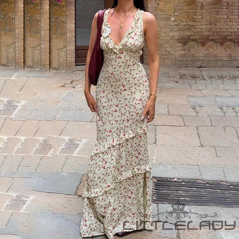 LTL-Women Slim Deep V คอแขนกุดด้านข้างแยก Layered Floral Tank Dress