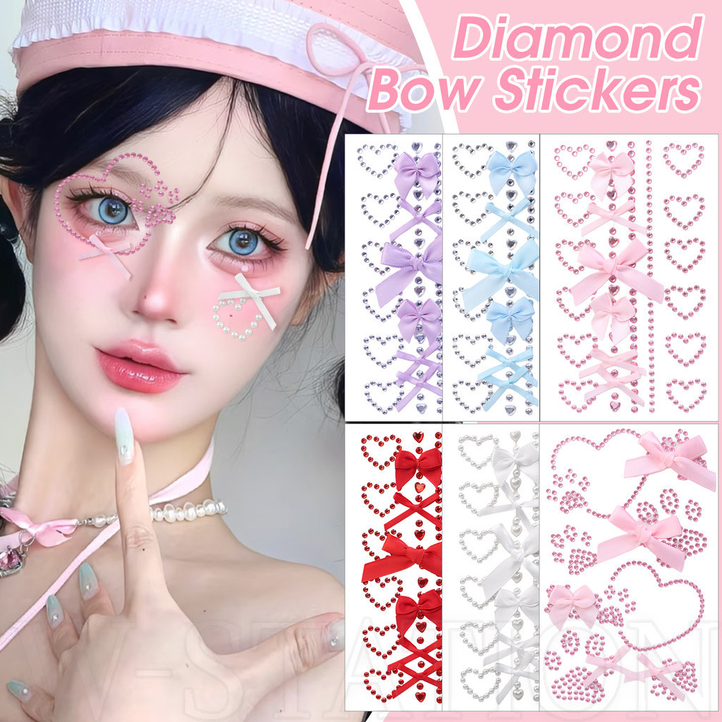 Water-diamond Silk Ribbon Bowknot Face Sticker – 3D Ins, Sweet Lovely Bow Stickers – ประดิษฐ์คริสตัลวงกลมตกแต่ง Tattoo Applique – Fairy Girls Teardrop แต่งหน้าเพชร