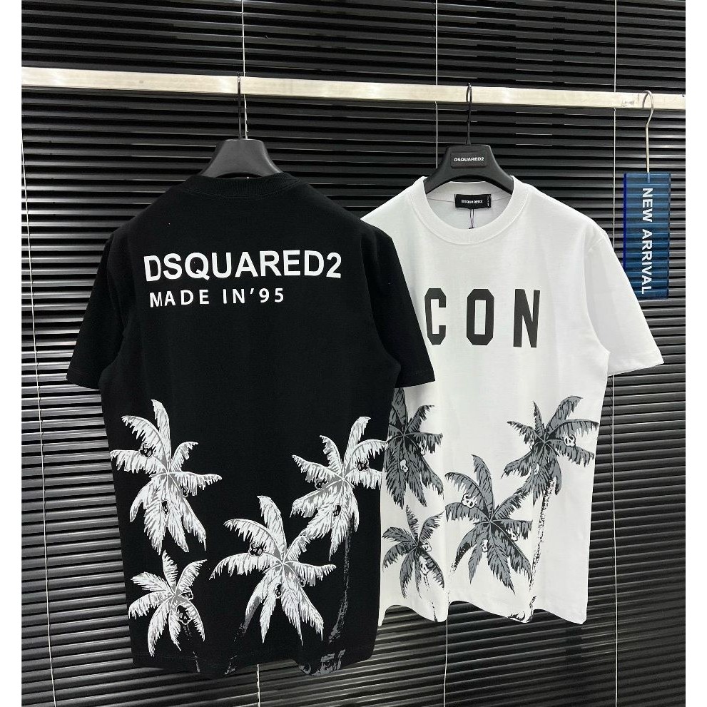 DSQ เสื้อยืดชายหญิงซูเปอร์ลายต้นมะพร้าว-DSQ เสื้อยืดคอกลมเย็น