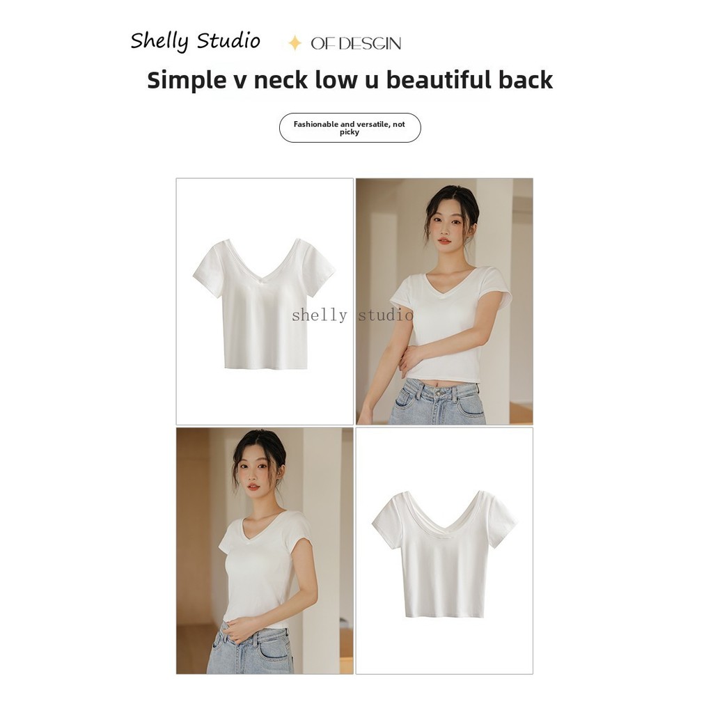 เสื้อยืดคอวีสีขาวแขนสั้นคอกลมขนาดใหญ่รวมถ้วยเสื้อครึ่งแขนด้านใน จุดต่ําสุด เสื้อด้านบน - รูปที่ 3