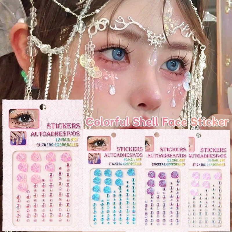 สติ๊กเกอร์หน้าเพชรเปลือกหอยสีสันสดใส - มีกาวในตัว ชั่วคราว - Y2k Rhinestones สติ๊กเกอร์อัญมณี - DIY Facial Body Art ตกแต่ง - อุปกรณ์แต่งหน้าปาร์ตี้เทศกาล