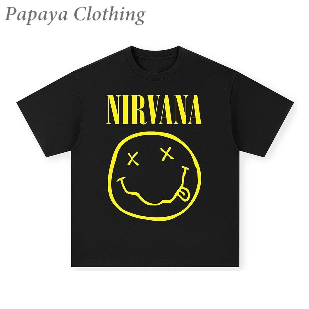 Papaya เสื้อยืด Oversize แนววินเทจลาย "Nirvana" เสื้อวงร็อค เสื้อยืดฮิปสเตอร์ ใส่ได้ทั้งผู้ชายและผู้