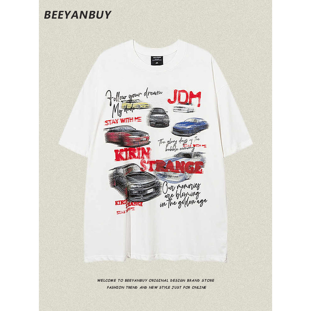 Beeyanbuy เสื้อยืด street, High street แฟชั่นแข่งพิมพ์เสื้อยืดแขนสั้นหลวม #I003758