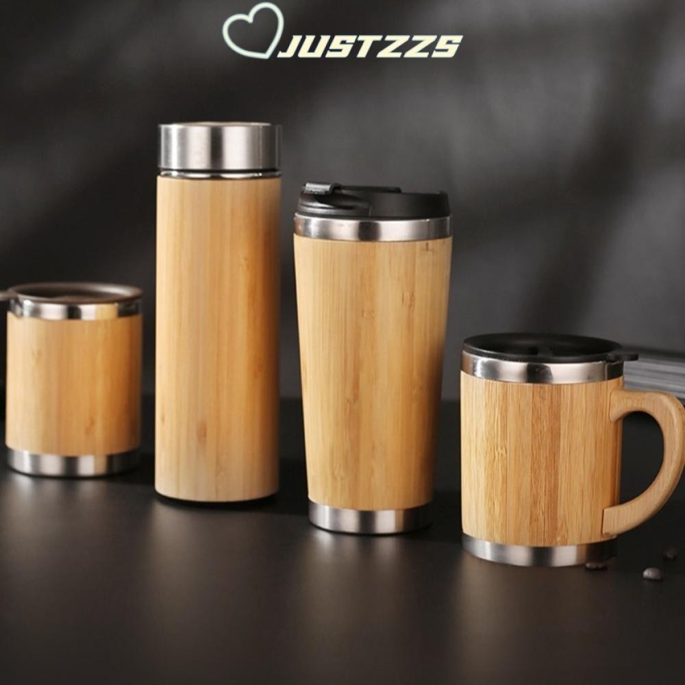 Justzzs 401-500ml แก้วเดินทาง, สแตนเลสและไม้ไผ่ Double-layer Bamboo Shell Cup, พร้อมฝาปิดแบบพกพา Handle Office Cup