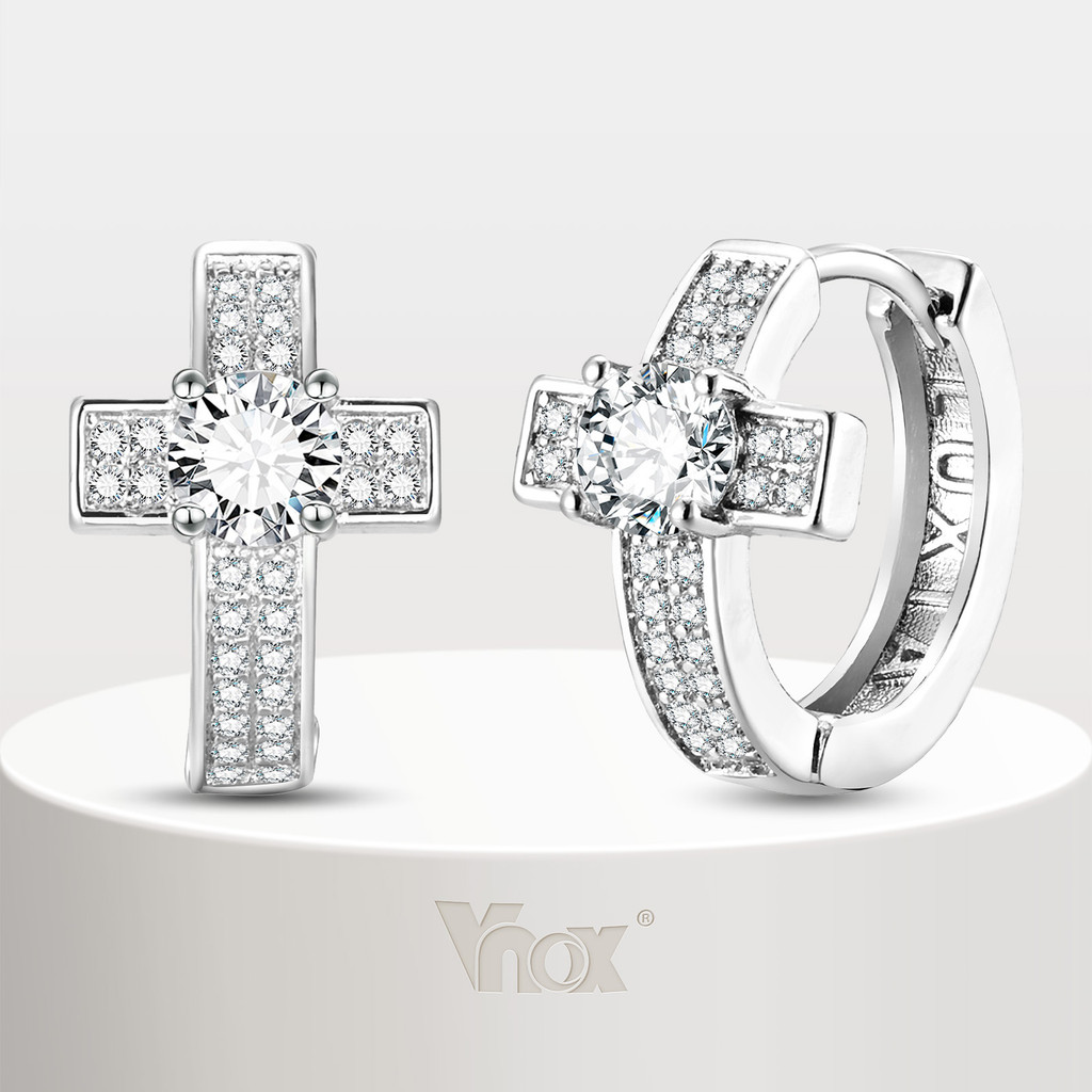 VNOX วีน็อกซ์ ต่างหูไม้กางเขนสําหรับผู้ชายผู้หญิง,แฟชั่นเพทายอารมณ์ต่างหูเครื่องประดับของขวัญวันวาเลนไทน์