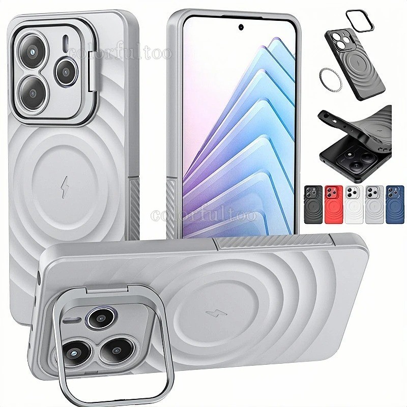 ผู้ถือรถแม่เหล็กเคสโทรศัพท์สําหรับ Redmi หมายเหตุ 14 Pro Plus 14Pro + Note14Pro 5G 2025 ปลอกหรูหราเกราะกล้องเลนส์ขาตั้งป้องกันวงเล็บฝาหลัง Shell