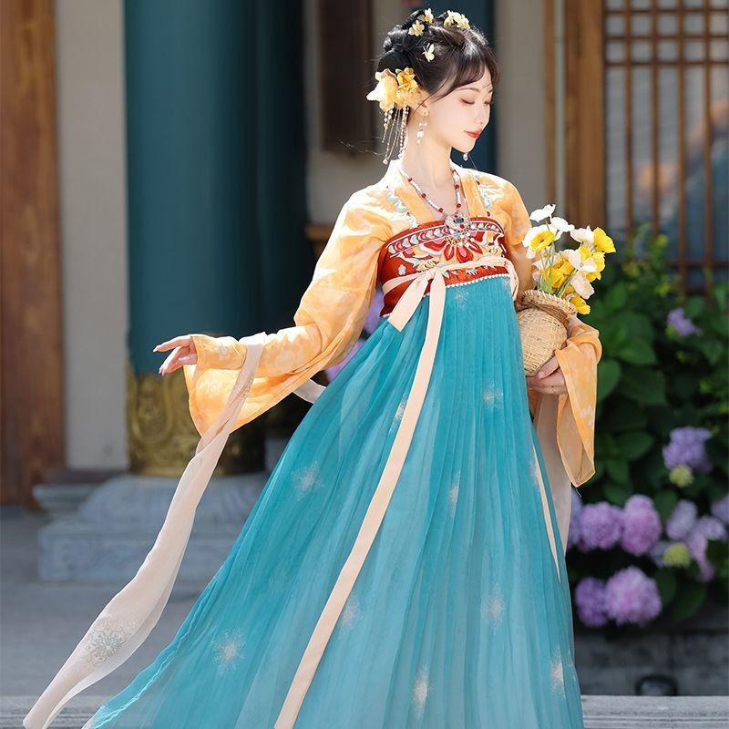 Hanfu ดั้งเดิมของราชวงศ์ฮั่นและราชวงศ์ถังชุดสูทสไตล์จีนหน้าอกใหม่เย็บปักถักร้อย Tang เสื้อผ้าสตรีประจำวันองค์ประกอบฤดูใบไม้ผลิและฤดูร้อน