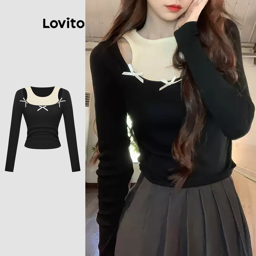 Lovito เสื้อสเวตเตอร์ปลอม 2-in-1 ทรงเรียบง่ายสำหรับผู้หญิง L117AD190