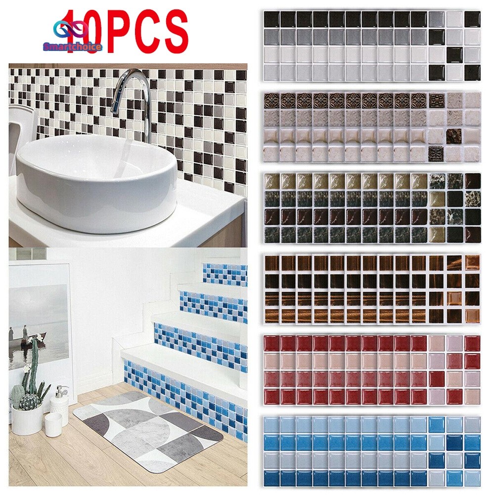 ⚡ทางเลือกอัจฉริยะ⚡10 ชิ้นโมเสคกระเบื้องสติกเกอร์ติดห้องน้ําห้องครัว Home Wall Decal Self-กาวพร้อมสต็อก
