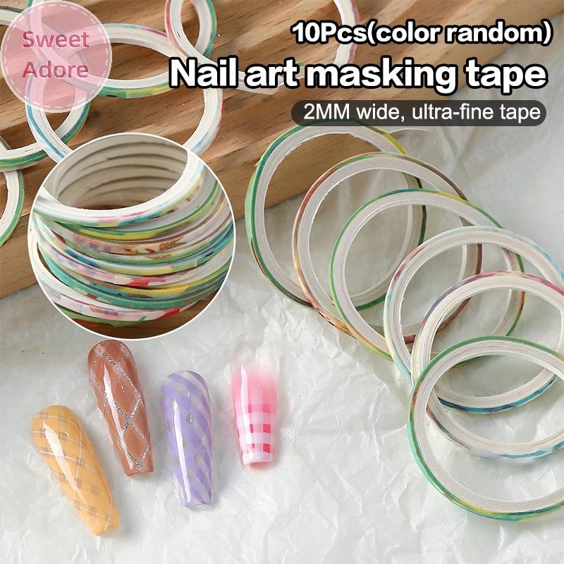 Sweetadore 10 ม้วน Striping เทป Checkered 3D สําหรับเล็บ พร้อมเครื่องมือตกแต่ง