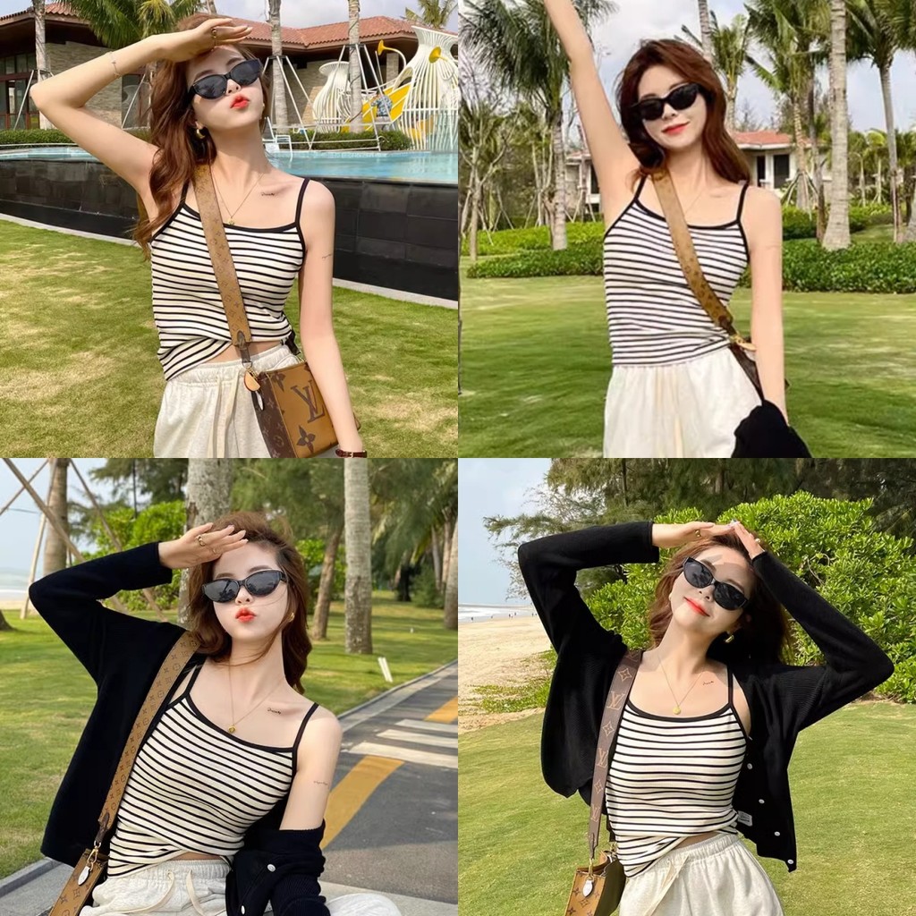 🍐เสื้อสายเดี่ยว ผ้านิ่ม ดีเทลลายทาง ใส่สบาย เข้ารูป สายเดี่ยว สไตล์เกาหลี แฟชั่น ใส่ไปทะเล