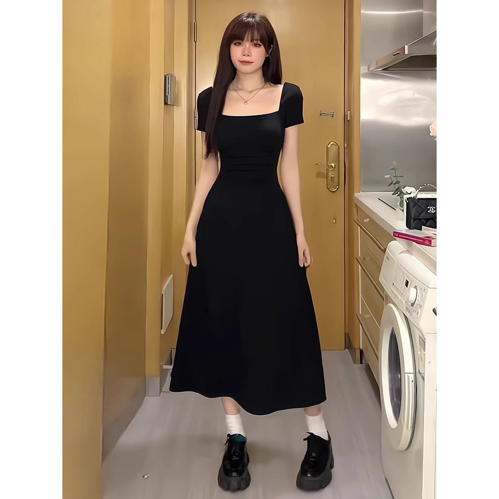 Halloween black old money dress ดํา เดรสน่ารัก มีแขน แฟชั่น กระโปรงยาว เดรสทํางาน วินเทจ สบายๆ