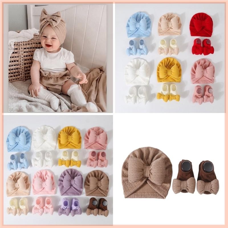 CC Baby Girls Cap Socks Set Stylish Bowknot Infant Bundle Baby Turban Hat Socks