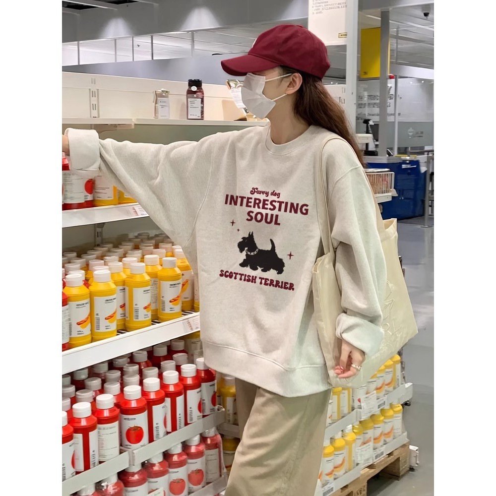 🚀พร้อมส่งจากกรุงเทพ🚀เสื้อกันหนาวแขนยาว เสื้อยืดคอกลมพิมพ์ลาย เสื้อเชิ้ตลำลองทรงหลวมใส่สบาย น้องหมาน่ารัก ไม่มีริ้วรอย