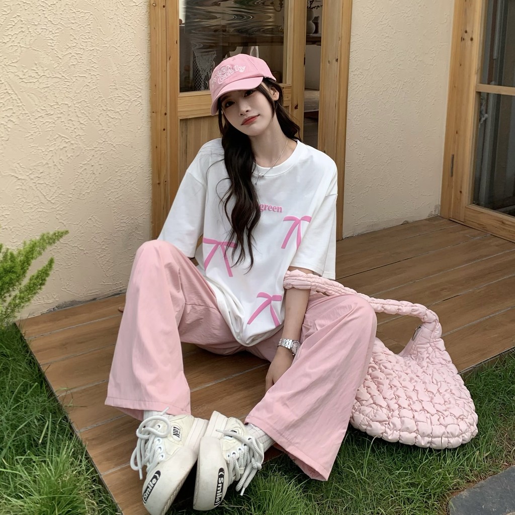 เสื้อยืดโอเวอร์ไซส์แขนสั้นสีขาว S-3XL เสื้อยืดสำหรับผู้หญิงพิมพ์ลายโบว์แฟชั่นลำลองและหลวม สไตล์เกาหลีอเนกประสงค์ - รูปที่ 2