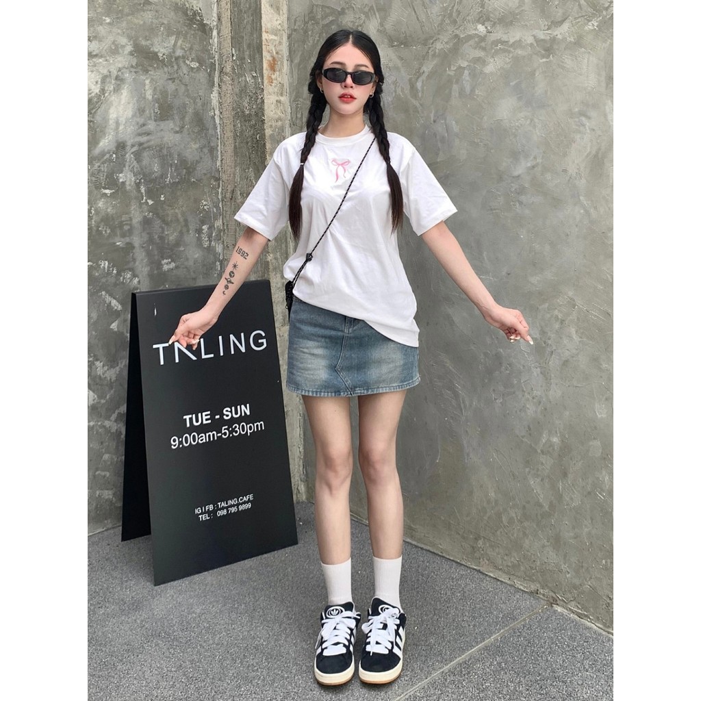 ✨ส่งจากไทย✨ เสื้อยืดคอกลมพิมพ์ลายโบว์ สไตล์เกาหลี ใส่ได้ทั้งชายและหญิง เหมาะสำหรับวัยรุ่น