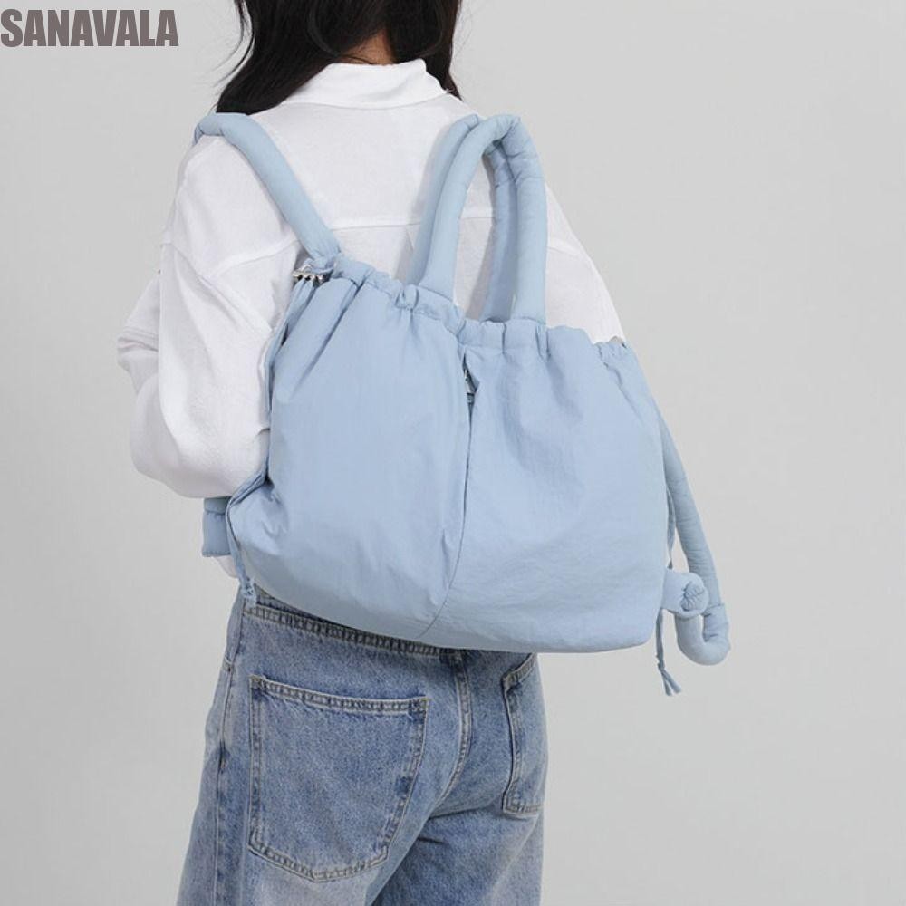 Sanavala กระเป๋าโท้ทบุนวมไนลอน, สีทึบผูกปมสายรัด Drawstring Tote Bag, Vintage ความจุขนาดใหญ่น้ําหนักเบา Dual-purpose Puffer Backpack สุภาพสตรี
