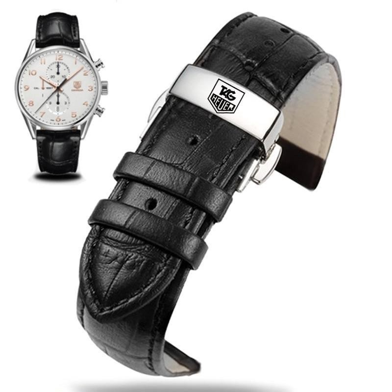 TAG HEUER แท็กสายนาฬิกาหนังแท้ 18/19/20/20/22/24 มม.สร้อยข้อมือสําหรับ แท็ก ยังไง รถ ผู้ชายผู้หญิงนาฬิกาโลโก้หัวเข็มขัดผีเสื้อ