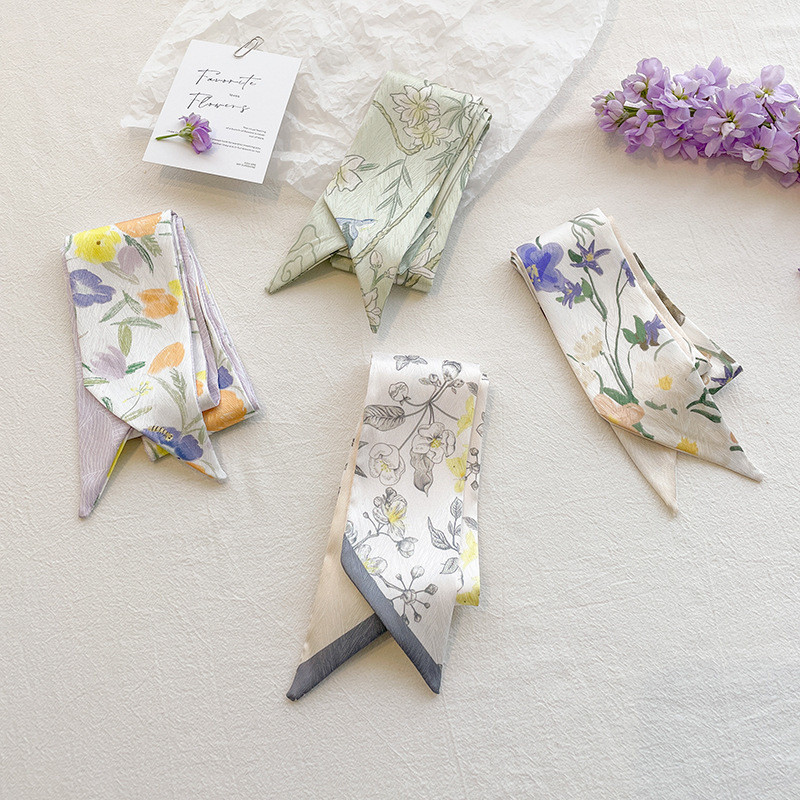 ผ้าพันคอผืนเล็กผ้าซาตินสองชั้นลายดอกไม้แนวมินิมอลสไตล์ญี่ปุ่นผ้าพันคอไหมแคบเส้นยาวแมทช์ลุคง่ายสำหรับผู้หญิง
